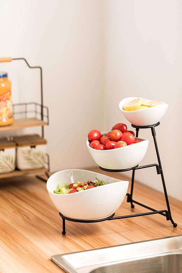 LAUCHUH Serving Dish for Entertaining, 3 Tier Serving Tray, Chip and Dip Serving Set Oval Serving Bowl Set for Easter, Mother's Day Fruit, Dessert, Appetizer, Candy, Vegetable, Black
