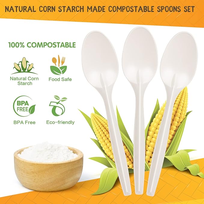 Gezond Compostable Spoons 300 Pack 6.7 Inch Disposable Spoons No Plastic Biodegradable Cutlery Set Heavy-duty for Party Wedding Camping Office Picnic