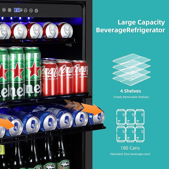 ORYMUSE Beverage Refrigerator 24 Inch, 180 Can Drink Fridge with Glass Door, Under Counter or Freestanding Beverage Cooler for Soda, Beer, Wine – Quiet Cooling for Kitchen, Bar, Office, Black