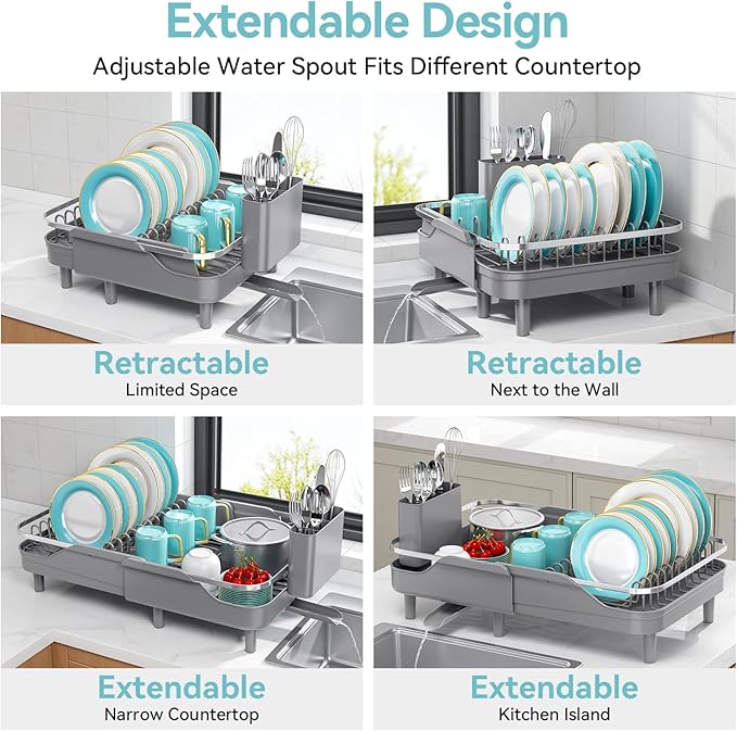 Urackify Expandable Dish Rack for Kitchen Counter, 16.14"-23.62" Large Stainless Steel Dish Drying Rack with Adjustable Water Spout, Space Saving Dish Drainer with Auto Draining Cutlery Holder,Grey