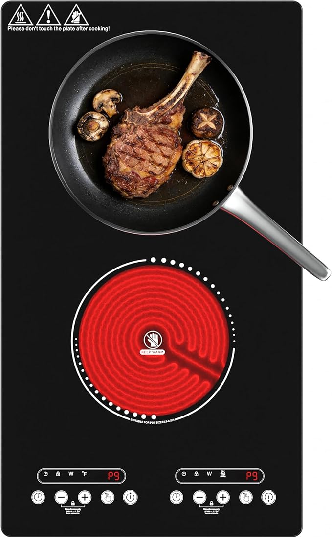 Electric Cooktop 2 Burner: 12 Inch Built-in Electric Stove Top with Dual Heating Rings, Child Lock & Keep-Warm – Portable Countertop Burner for Kitchen, RV, Apartment, All Cookware Compatible
