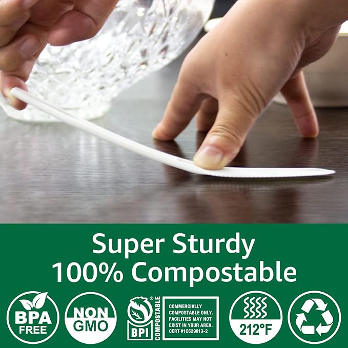 100% Compostable No Plastic Knives Plastic Forks Plastic Spoons Plastic Utensils, The Heavyweight Heavy Duty Flatware is Eco Friendly Products for Lounge Party Wedding BBQ Picnic Camping.