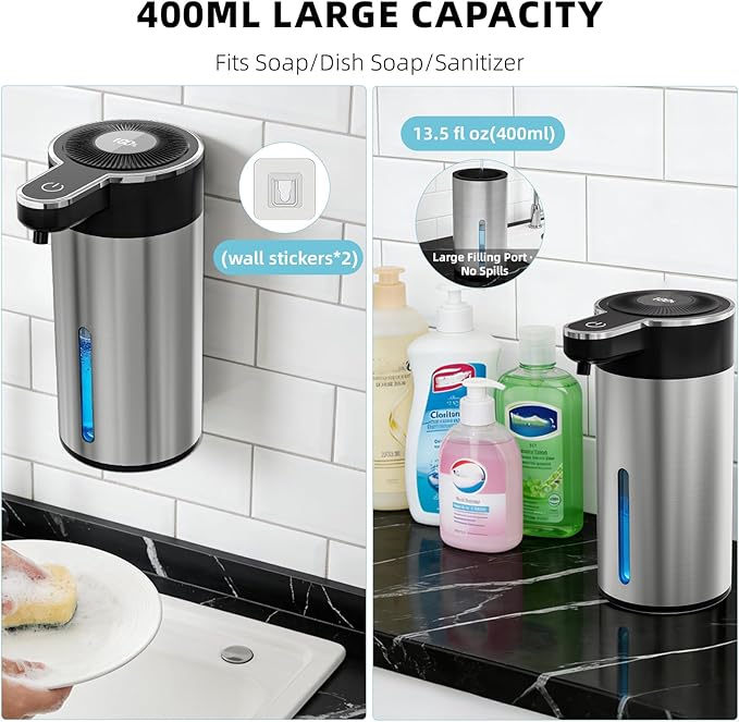 Automatic Liquid Soap Dispenser Touchless, 304 Stainless Steel Bottle Body & 13.5oz/400ml Rechargeable, 4 Adjustable Liquid Levels, IPX5 Waterproof,Level Display for Bathroom Kitchen