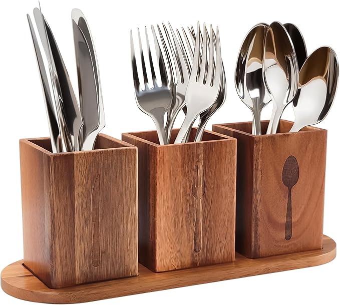 Qivine Acacia Wood Utensil Holder, Wooden Silverware Holder Countertop Utensil Organizer Silverware Organizer with Tray, Kitchen Utensil Organizers for Forks, Spoons, Knives (Acacia)