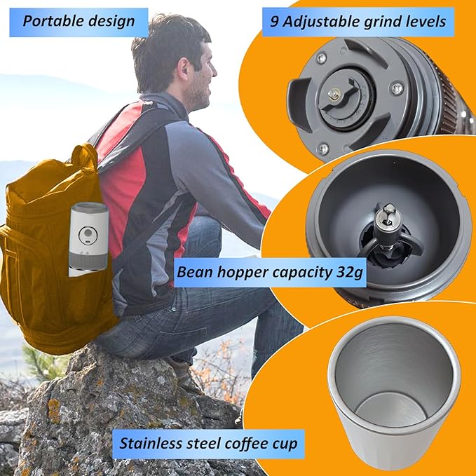 Portable Electric Coffee Grinder and Brewing Kit, Rechargeable, Conical Burr Mini Coffee Grinder with Filter, 32g Capacity & Coffee Cup for Camping, Travel, Office, Espresso, Pour Over, etc (White)