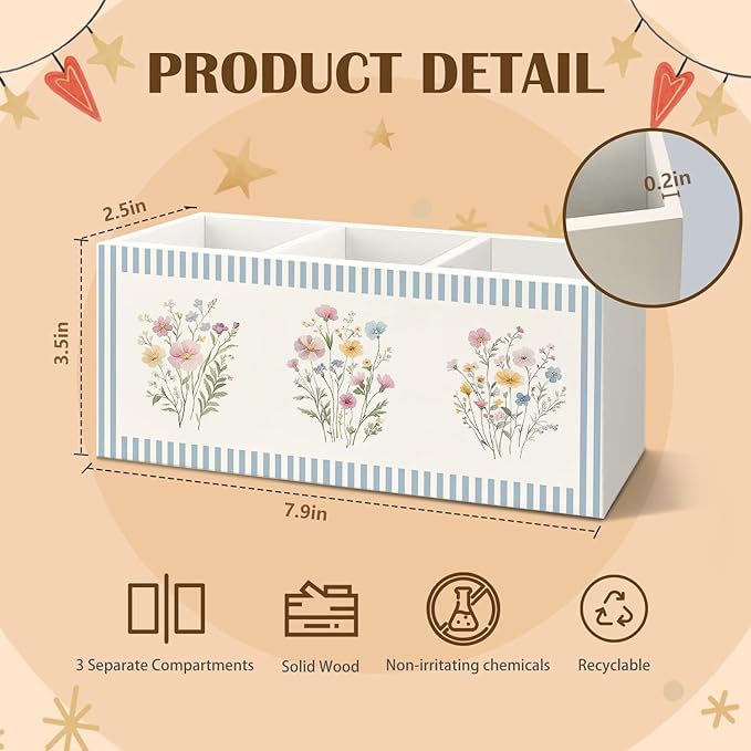 Retro Pastel Flower Wooden Utensils Holder, Cottagecore Nature Wildflower Blue Striped Wood Cooking Utensil Holder Organizer for Kitchen Countertop Counter Decor