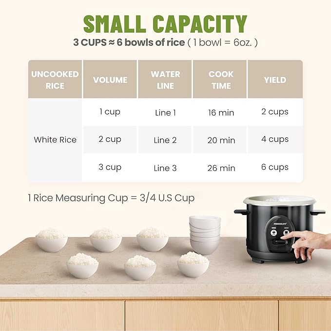 3-Cup Uncooked Rice Cooker Small - Ceramic Coating Non-Toxic Inner Pot, One-Touch Multifunction for Rice/Sauté/Yogurt, Dishwasher Safe, 1-3 People Size, Dark