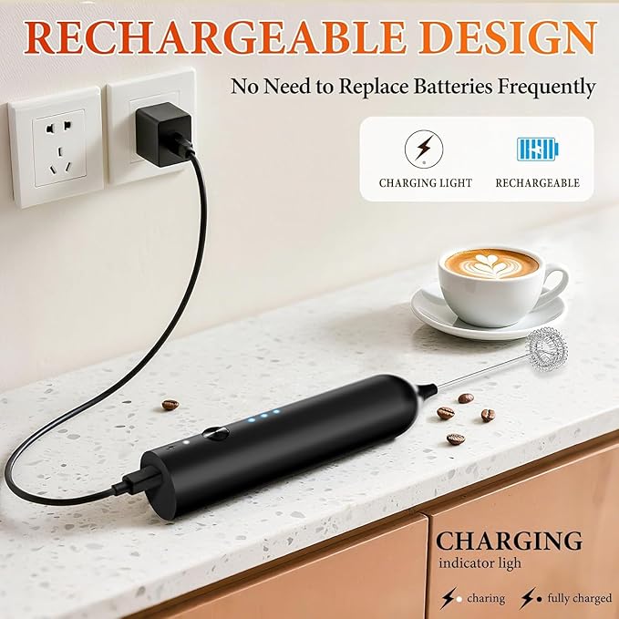 Rechargeable Milk Frother Handheld with 3 Whisk and Stand, 3 Speed Frother Wand Mixer, Dual Spring Whisk Coffee Frother for Matcha, Lattes, Cappuccino, Frappe Drink, Hot Chocolate