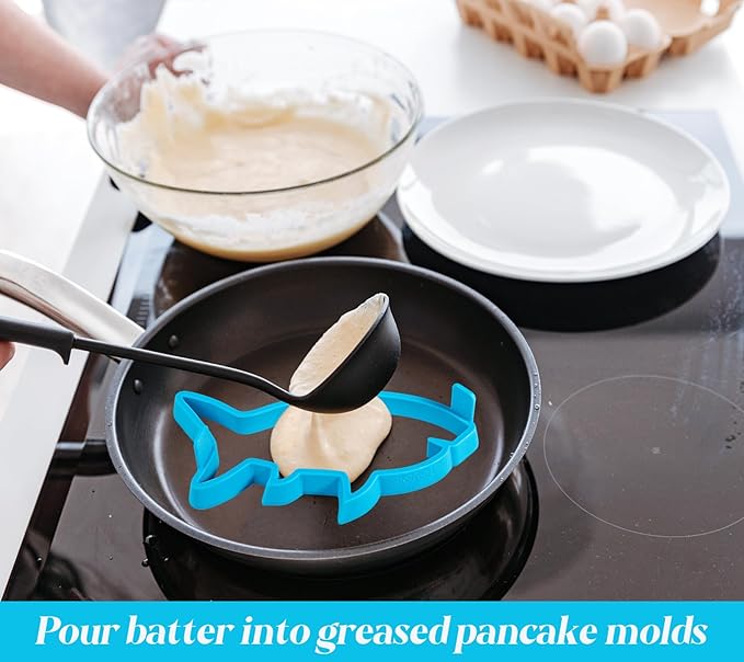 Kamehame Silicone Pancake Molds for Shark, Round, Cat, Dinosaur Shape Pancakes, 4 Pack Nonstick Pancake Shaper for kids, Fun Shapes Cake Ring Mold for Griddle Cooking