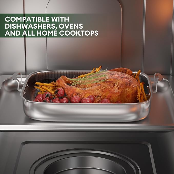 COOKER KING Stainless Steel Nonstick Roasting Pan with Rack, 18.27x14.84 Inch Roaster Pan for 25 lb Turkey & Chicken, Oven Safe Up to 900°F, Compatible with All Cooktops (Rectangular, Large)