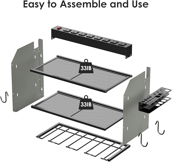CCCEI Modular Power Tool Organizer Wall Mount with Charging Station. Garage Drill Storage Shelf with Hooks, Heavy Duty Rack, Tool Battery Holder Built in 8 Outlet. Gift for Men. Grey, 1 Pack.