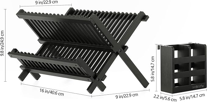 HBlife Dish Rack, Bamboo Folding 2-Tier Collapsible Drainer Dish Drying Rack with Utensils Flatware Holder Set (Dish Rack with Utensil Holder)