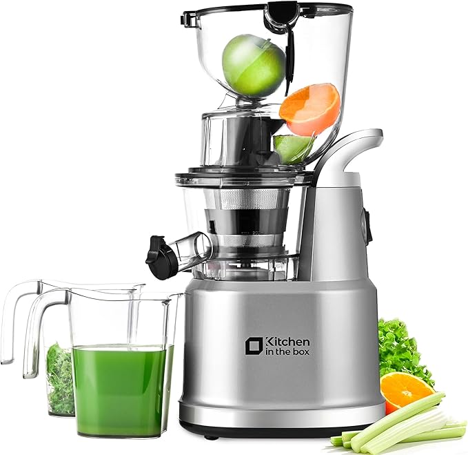 Kitchen in the Box Slow Masticating Cold Pressed Juicer Machines, With 3.26" Wide Feed Chute for Whole Fruits and Vegetables (Bright Silver)