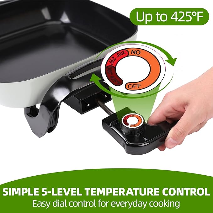 12" Ceramic Nonstick Electric Skillet with Tempered Vented Glass Lid, Scratch-Resistant Surface, Cool-Touch Handles, Removable Easy-to-Clean Design, 1200W, Vibrant Green