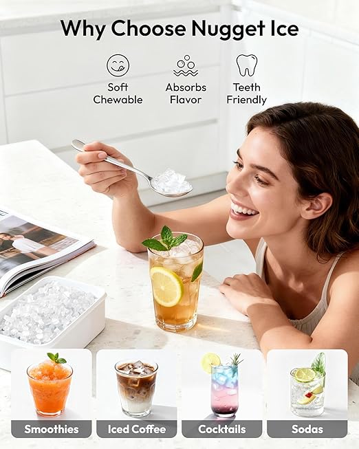 EUHOMY Nugget Ice Maker Countertop with Handle, Ready in 6 Mins, 38lbs/Day, Removable Top Cover, Self-Cleaning, Portable Chewable Ice Maker with Basket, Scoop, for Home/RV/Party/Camping (Black)