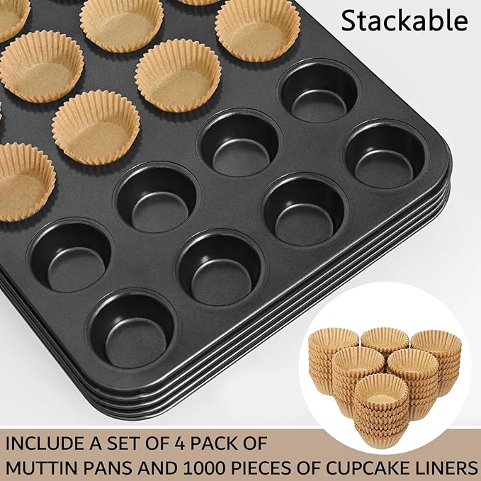 4 Pack Mini Muffin Pan with 1000 Mini Cupcake Liners, Mini Cupcake Pans Muffin Tin Nonstick 24 Cup, Carbon Steel Baking Pans Supplies