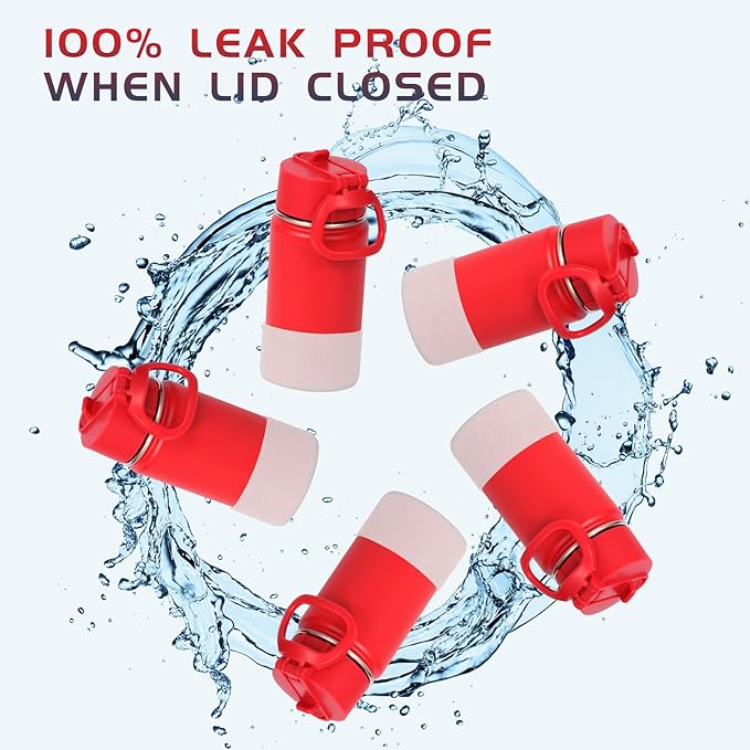 Volhoply 14oz Water Bottle with Straw Lid and Silicone Boot Bulk 2 Pack,Stainless Steel Insulated Cups for Boys & Girls Multipack,Double Wall Vacuum Leakproof KIds Bottles(Red,2)