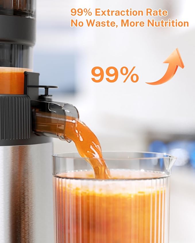 Kndko Cold Press Juicer with 4.35" Wide Feed Chute, Slow Masticating Machine Fit Whole Fruits & Vegetables, High Juice Yield, Stainless Steel Juicer Machine with Large Auger, Easy to Clean