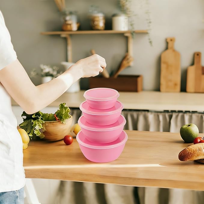 4-Piece Classic Plastic Prep Bowls with Lids, Nesting Plastic Small Mixing Bowl Set for Mixing, Baking, Prepping, Cooking and Serving Food, Microwave and Dishwasher Safe (Pink)