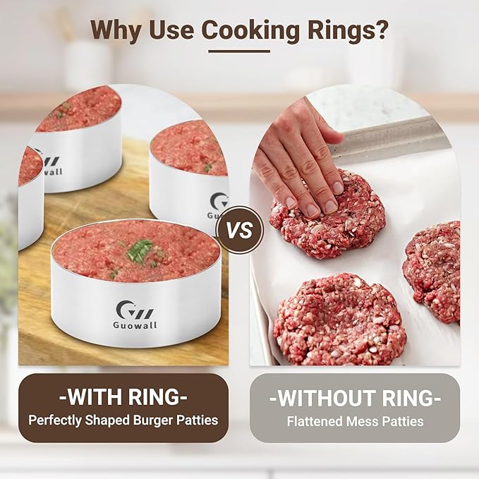 Guowall 6pcs Hamburger Bun Ring Mold, Seamless Thickened 4 inch Nonstick Crumpet Rings Stainless Steel Burger Mould, Cake Rings for Fried Eggs, Pancakes and Cookie for Baking