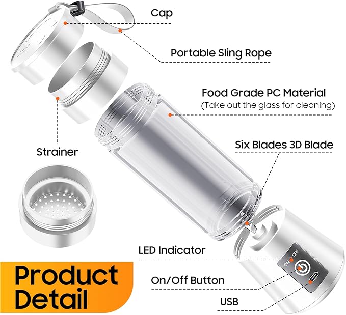 Portable Blender for Smoothies & Shakes - Cordless Personal Size Mini Blender with BAP Free Juice Cup, USB Rechargeable Suit for Sports/Picnic, Mother's Day