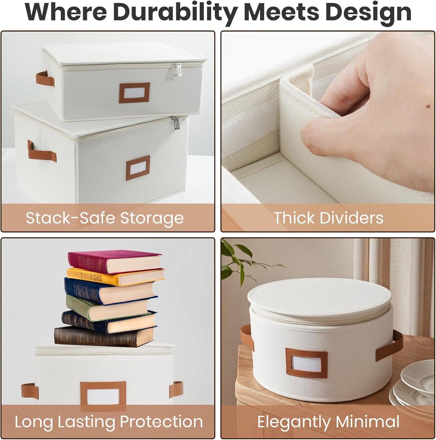 HOMELUX THEORY Hard Shell China Storage Containers, 6pc Ivory Mug & Plate Storage Box, Kitchen Storage Bins With Lids, Heavy Duty Moving Box with Handles for Dishes, Glassware, Stemware, Cup & Mug