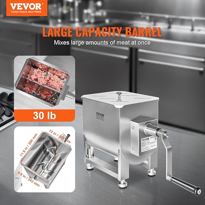 VEVOR Manual Meat Mixer, 30 Pound Capacity Tank Meat Processing Equipment, Stainless Steel Meat Mixer, Sausage Mixer Machine with Lid and Handle, Ground Beef Hand Mixer, Silver