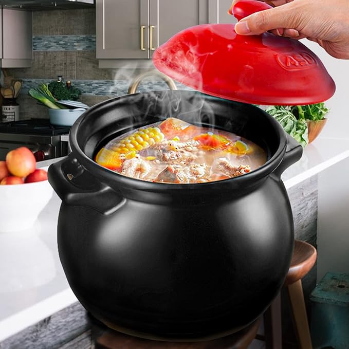 Clay Pots for Cooking Chinese Soup Pot Ceramic Pot Cooking Chinese Terrines, Stovetop soup tureen Make Delicious for The Family,black-2.5L