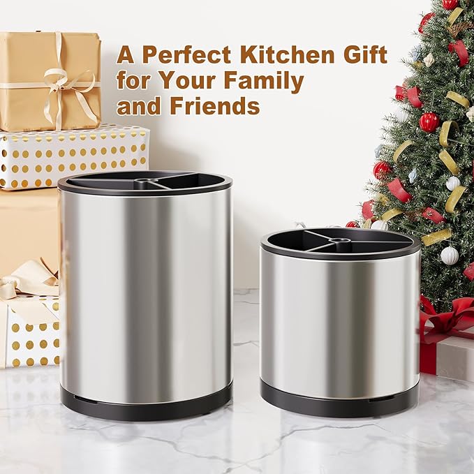 Extra Large Utensil Holder for Kitchen Counter, 360°Rotating Cooking Utensils Holder for Countertop, Stainless Steel Utensil Crock for Spatula,Spoon, 3 Compartment Metal Silverware Crocks for Flatware