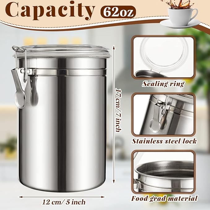 Lallisa 3 Pcs Stainless Steel Canisters 62 oz Stainless Steel Containers with Lids Food Storage Container with Airtight Clamp Lid Coffee Containers for Tea Sugar Coffee Flour Kitchen Counters