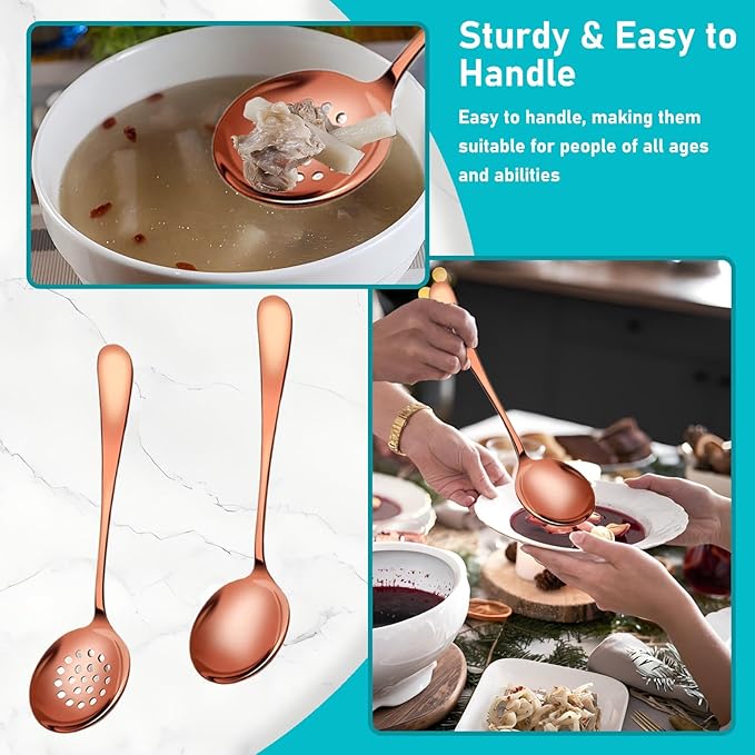 Serving Utensils, 15 Pcs Stainless Steel Large Flatware Serving Tools Kit, Included Spoons, Forks, Tongs, Slotted Spoon, Ladle, Cake Server for Catering Banquet Wedding Buffet Party, Rose Gold