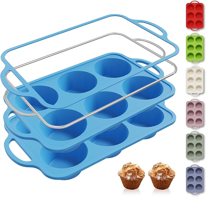 Socisen 2 Packs 6 Cups Silicone Muffin Pan with Metal Reinforced Frame Jumbo Size Cupcake Pan Tray Egg Bites Silicone Molds Muffin Tin Tart Pans Bundt Pan Reposteria Accesorios Moldes Para Pasteles