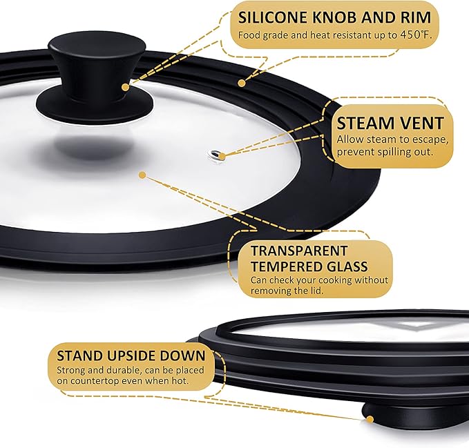 Ydeapi Universal Lid for Pots, Pans and Skillets, Pot Lid With Heat Resistant Silicone Rim and Tempered Glass,Fits 9.5", 10", 11" Diameter Pots and Pans