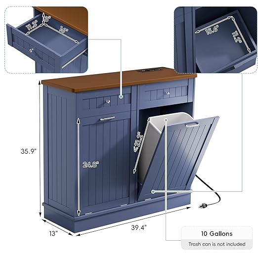 Betterhood Double Tilt Out Trash Cabinet with Power Outlet, 10 Gallon Trash Cabinet with Storage,Pet Proof Trash Can with 2 AC & USB Sockets for Kitchen,Living Room (Blue, Double Door)