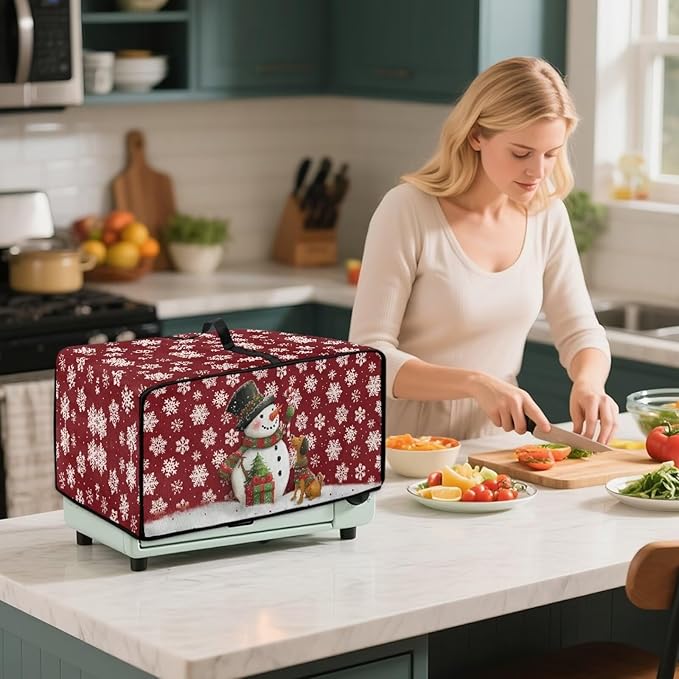 Toaster Oven Dust Cover with Storage Pockets, Protective Decorative Smart Oven Cover for for Kitchen Countertop, M, Snowman Dachshund Dog Snowflake Red Christmas Decor