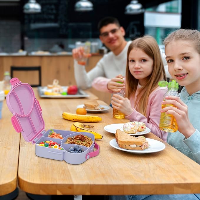 Bento Box for Kids School Lunch Box with Utensils and a Dipping Bowl, Leak-Proof 4 Compartments with Carrying Handle, BPA-Free Bento Box for Girls and Boys in School, Preschool, Daycare (Purple)