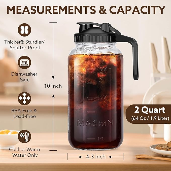Mihlapi Glass Pitcher with Lid, 64 OZ Mason Jar Pitcher Double Leak Proof, 2 Quart Breast Milk Storage Containers for Fridge, Wide Mouth Glass Jar for Sun Tea, Juice, Cold Brew Coffee