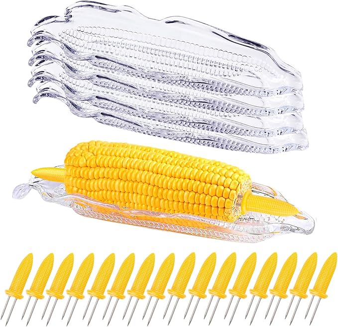 Stainless Steel Corn Holders - 16 Pack with 5 Pack Dish Set, Transparent Corn Trays