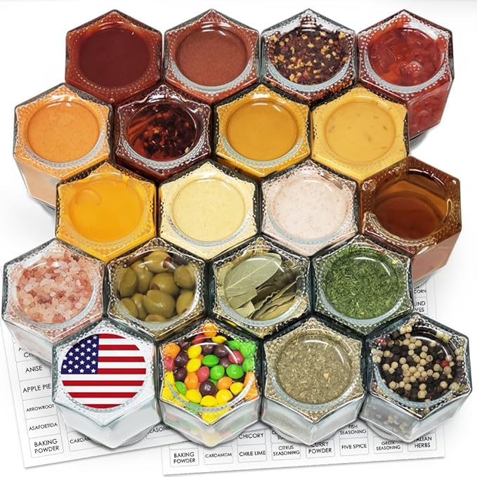 20 Pack Magnetic Spice Jars Large 4 oz Refrigerator Hexagon Glass Spice Jars Magnetic Lids Shaker Spice Labels Magnet Glass Spice Containers for RV Travel Trailer Kitchen Fridge Cabinet Wall mount