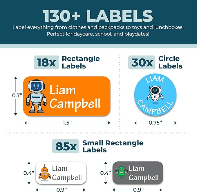 Personalized Daycare Name Labels for Kids (130 Labels) - Custom Waterproof Name Stickers for Clothing Tags, Water Bottles, Lunch Boxes and School Supplies (Robots)