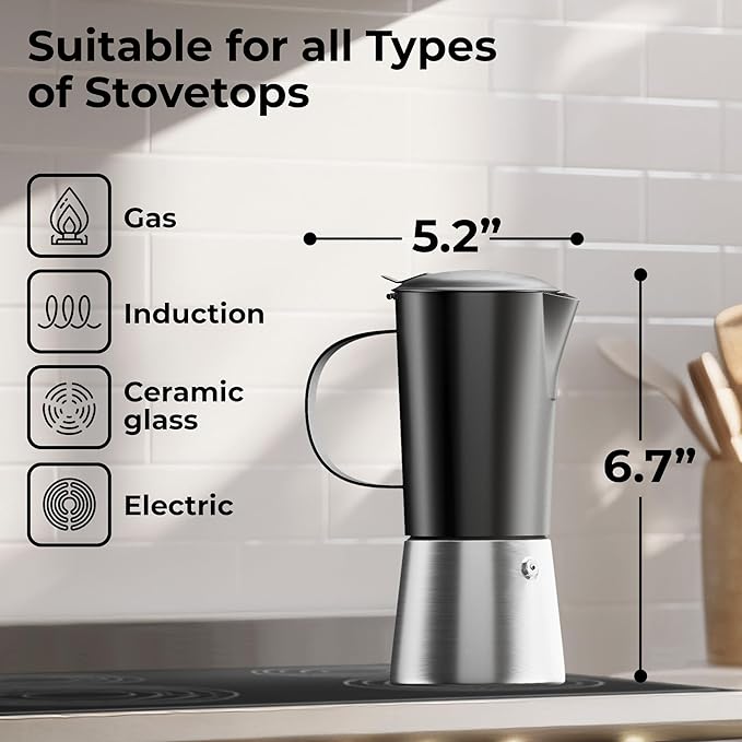 Stovetop Espresso Maker, Stainless Steel Moka Pot 6 Cup Espresso Maker (12 fl oz), Italian Coffee Pot, Compatible with Gas, Electric and Induction, Black & Silver Finish