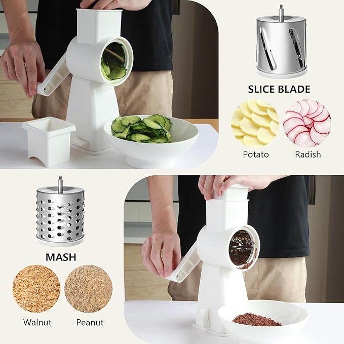 4-in-1 Rotary Cheese Grater Handheld, Lightweight Body with 4 Stainless Steel Blades & Non-Slip Suction Base, for Shredding Parmesan, Slicing Vegetables, Grating Chocolate（White）