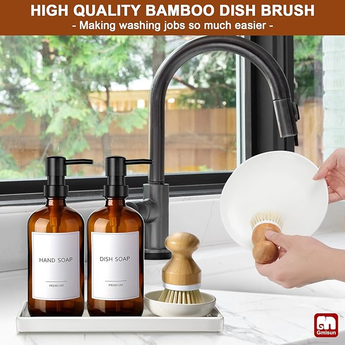 GMISUN Dish Soap Dispenser, 16 Oz Kitchen Soap Dispenser Set with Ceramic Tray & Bamboo Brush, 2 Pack Thick Amber Glass Soap Dispenser, Farmhouse Refillable Hand and Dish Liquid Soap Pump Bottle Set