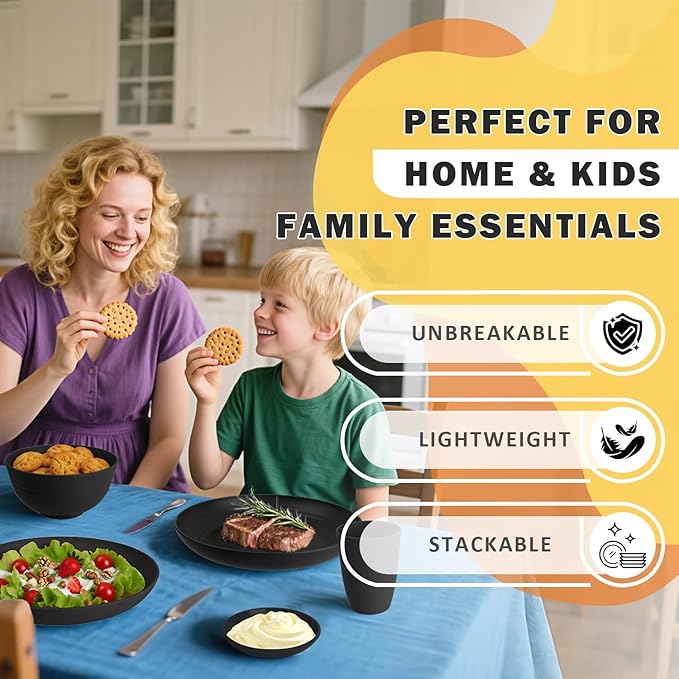 Wheat Straw Dinnerware Sets 16 PCS, Unbreakable Kids Plates and Bowls for 4-9 IN Plates, 26 OZ Cereal Bowls, 2 OZ Dipping Bowl, 12 OZ Cups, Dishwasher & Microwave Safe Plate Set - Black