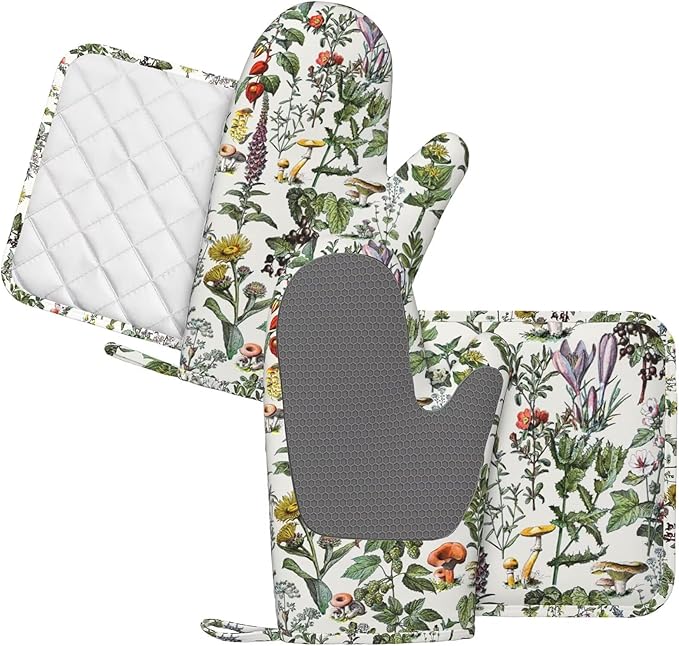 Vintage Botanical Oven Mitts and Pot Holders Set Silicone Heat Resistant Plants Herbs Mushroom Sage Green Leaf Ferns Kitchen Gloves Set Boho Retro Wildflower Kitchen Mittens Pot Holders