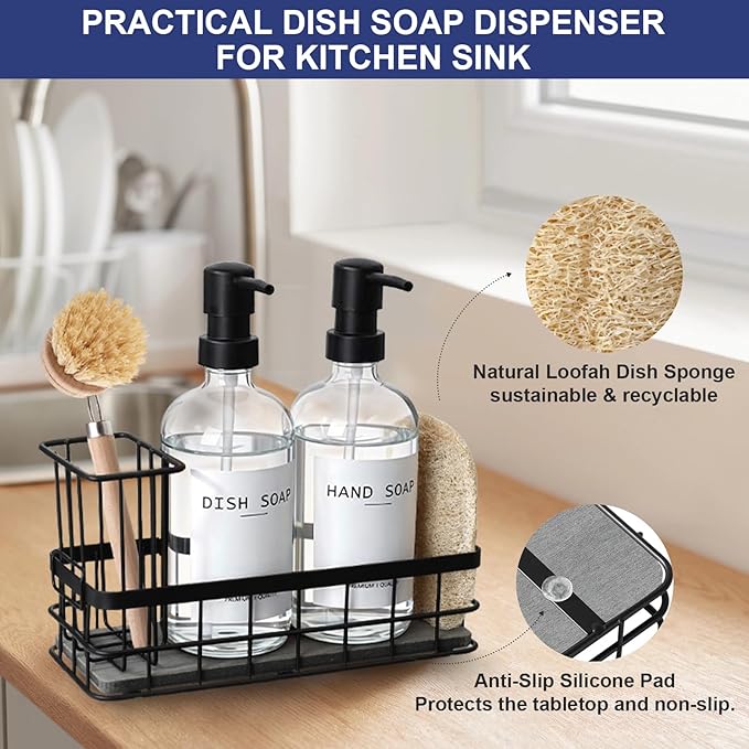 Dish Soap Dispenser for Kitchen, 16.9 fl oz Clear Hand and Dish Soap Dispensers, Kitchen Soap Dispenser Set with Sponge Holder, Brush Holder and Loofah Sponge, Countertop Sink Organizer Accessories