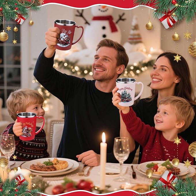 Maxcheck 6 Pcs Christmas Coffee Mugs Cups 16 oz Merry Christmas Stainless Steel Insulated Tumblers Bulk with Handle Lid Straw Brushes Red Green Xmas Tree Santa Claus Mug Gifts for Winter Holiday Party