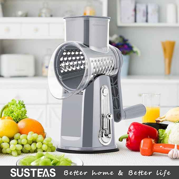 SUSTEAS Rotary Cheese Grater with Handle - Vegetable Shredder with 5 Well-designed Blades & Strong Suction Base,Round Mandoline Slicer & Food Chopper for Kitchen,with Blade Storage Box(Gray)