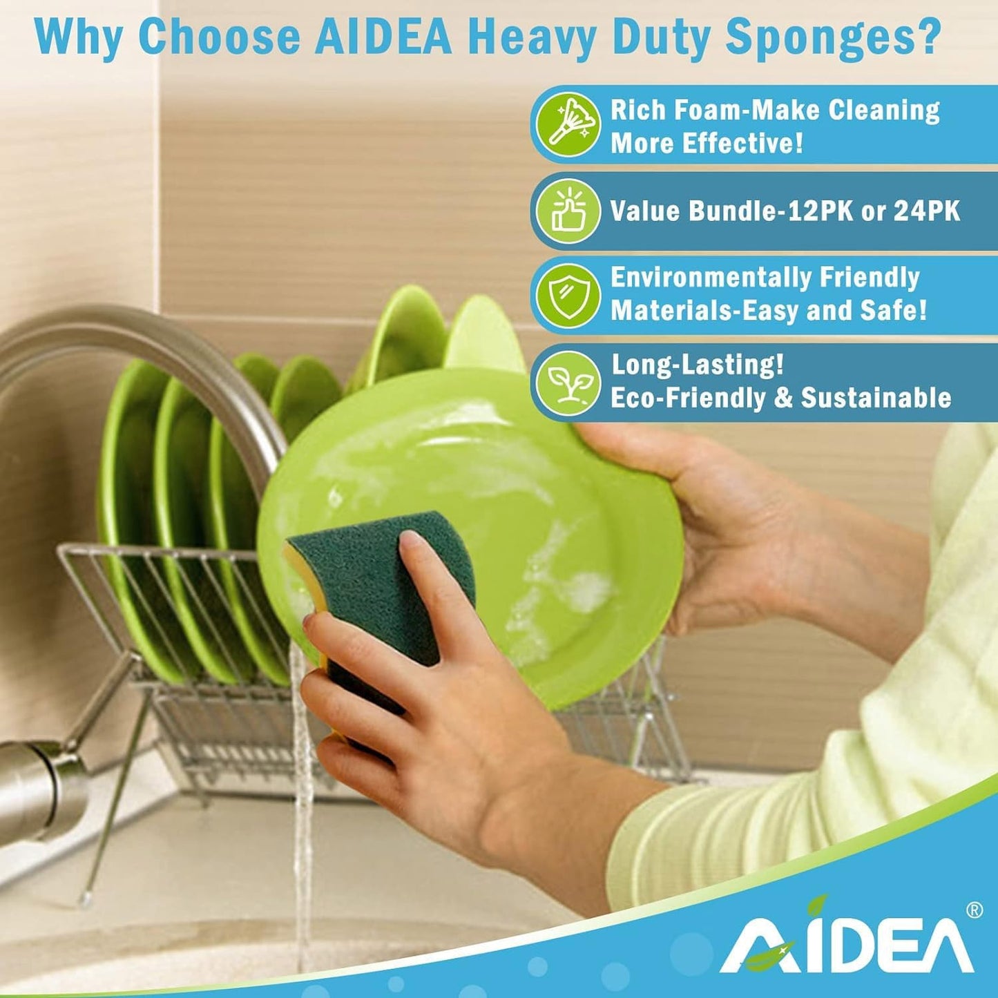 AIDEA Sponges Kitchen, 50 Pack Heavy Duty Dish Sponge, Cleaning Dish Scrubber Sponge for Home and Kitchen, Stink-Free Cleaning Supplies for Pots, Pans