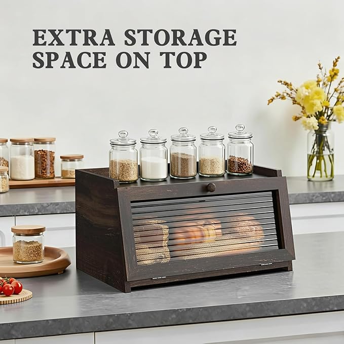 LOHASOK Bread Box for Kitchen Countertop Large Farmhouse Bread Container Bread Storage with Window Wooden Bread Holder